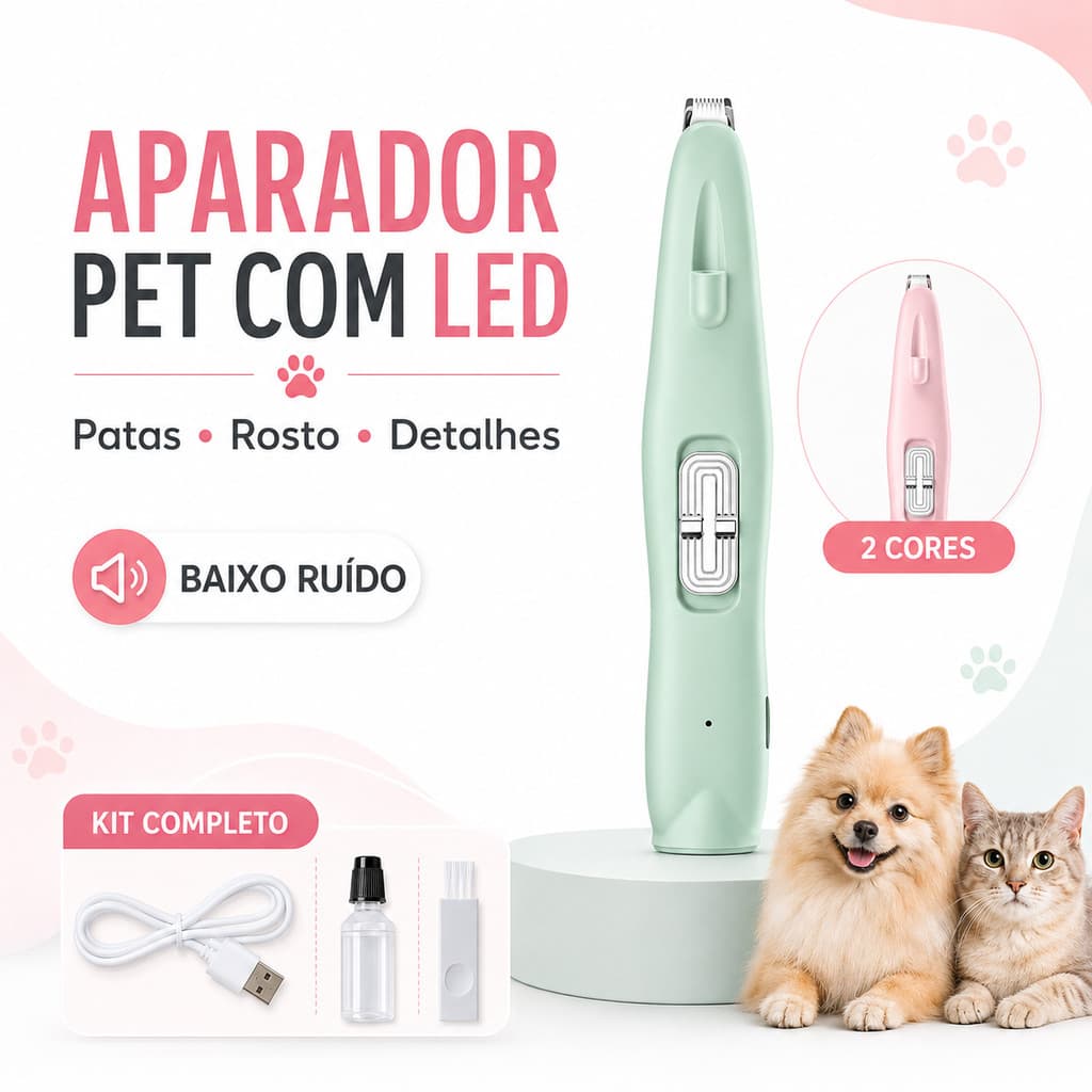 Máquina de Tosa Pet para Patas com Luz LED Aparador de Pelos para Cães e Gatos Baixo Ruído