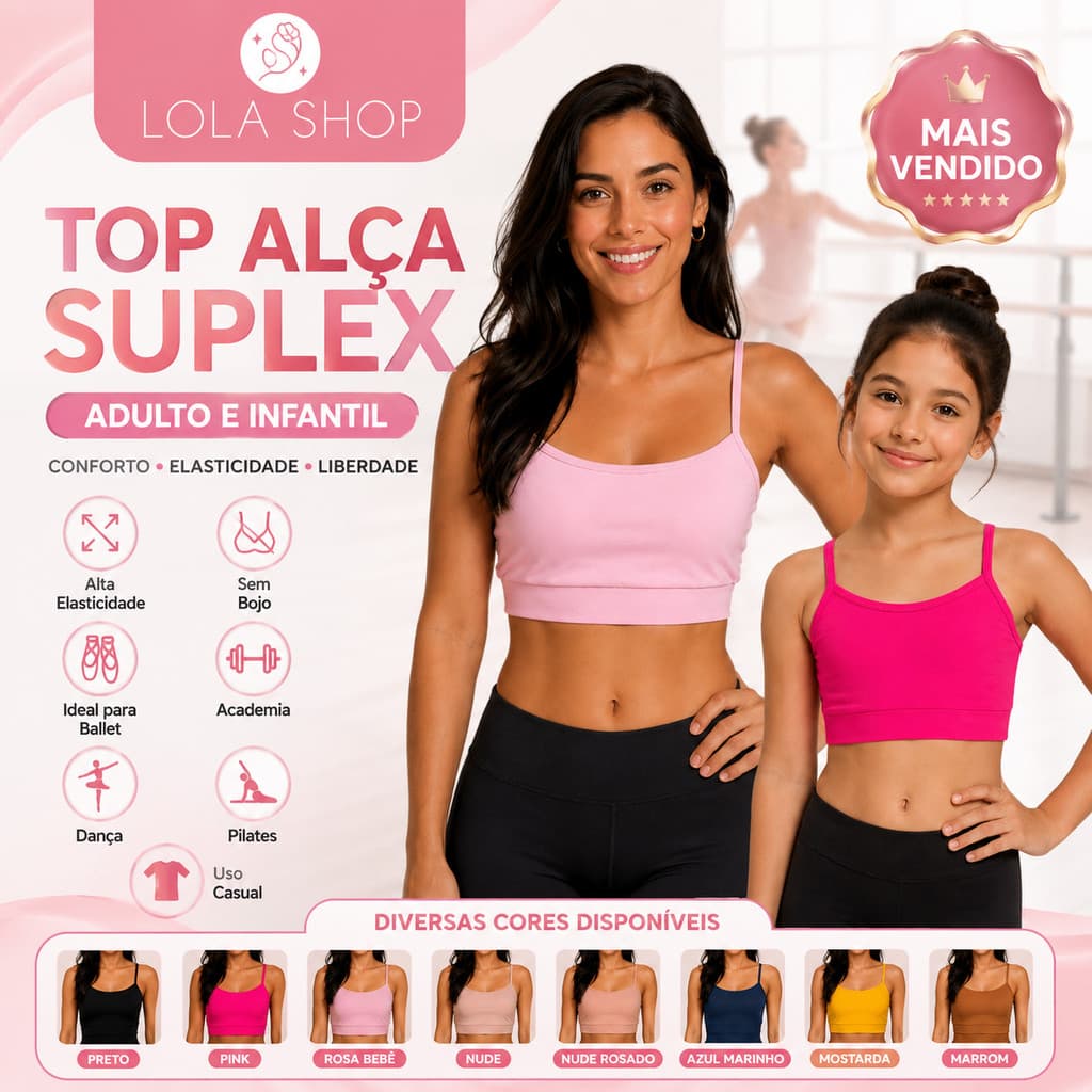 Top Alça Feminino Infantil Adulto Suplex Sem Bojo Ballet Dança Academia Fitness