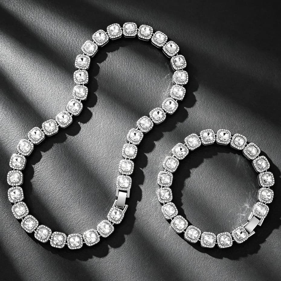 Conjunto de pulseira de colar de corrente de tênis de diamante quadrado branco S925, estilo Hip Hop, joias unissex