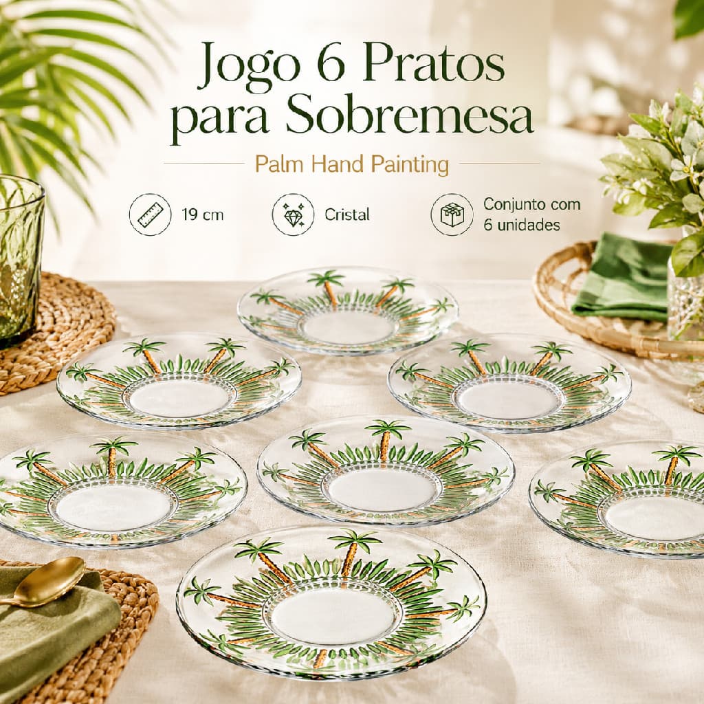 Jogo 6 Pratos Sobremesa Lyor Palm Tree Pintado a Mão Requintado Luxo Mesa Posta 19cm Conjunto Kit Coqueiro Palmeira