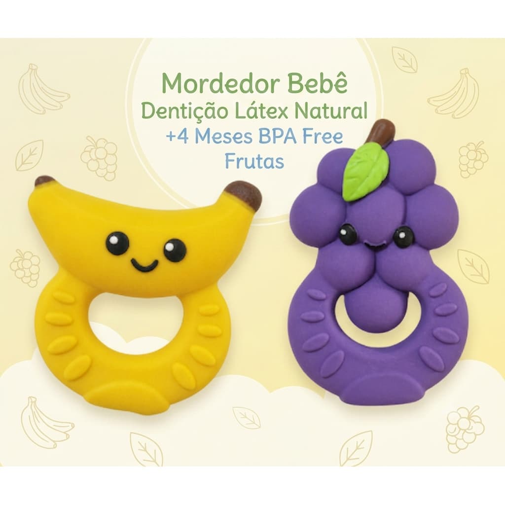 Kit Mordedor Bebê Dentição Látex Natural +4 Meses BPA Free Frutas