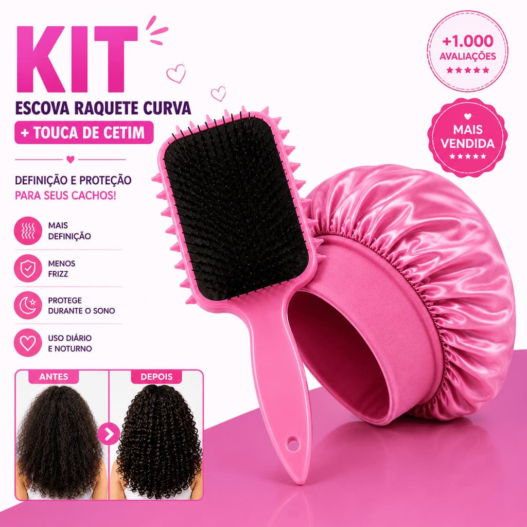Kit Cachos Definidos Escova para Fitagem + Touca de Cetim com Faixa Anti Frizz Cabelo Cacheado e Crespo