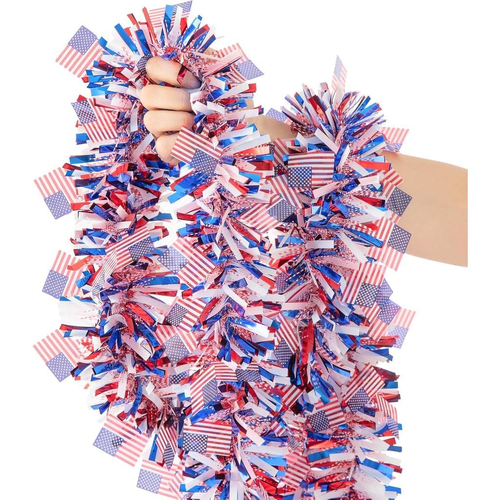 33FT 4th of July Patriotic Tinsel Garland Red White Blue Metallic Twist Foil Tinsel Garland with Flag for Memorial Day I