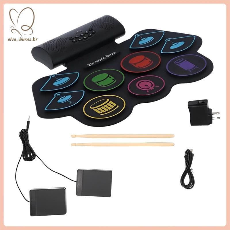 [elva_burns.br] Alto-Falante Duplo Embutido Bateria Eletrônica Conjunto De Silicone Tambor De Rolo Manual Alimentado Por