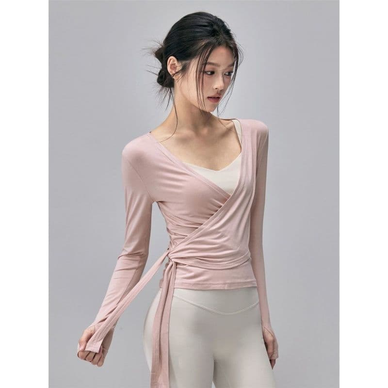 Camiseta feminina de manga comprida Y Yoga, novo estilo, cor sólida, renda, design simples, para corrida, fitness, espor