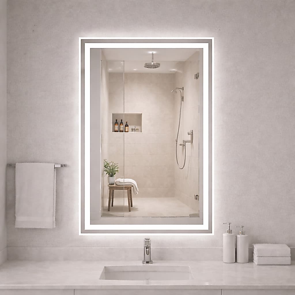 Espelho Retangular Jateado com 3 Cores LED botão Touch Decorativo de Parede 80X50