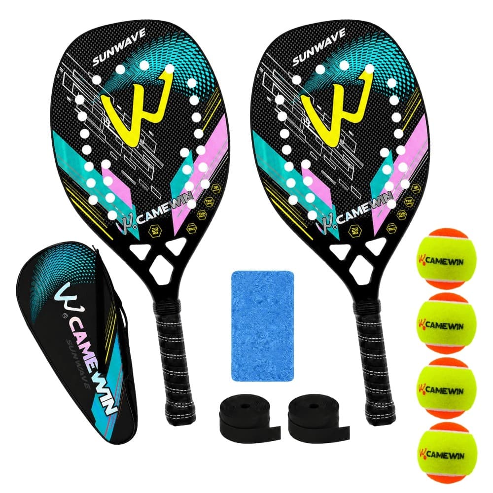 Kit 2 Raquetes Beach Tennis Camewin Carbono 3K Ultra Leve + 4 Bolinhas e Bolsa Esporte com Drip e Munhequeira