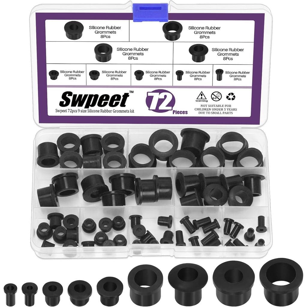 Swpeet Kit de 72 Peças de Ilhós de Borracha de Silicone para Furos, 9 Tamanhos (0,2", 0,21", 0,28", 0,33", 0,49", 0,58",