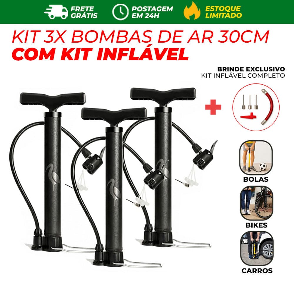3 Bomba Manual de Ar 30cm com Bico Para Moto Bike Bola