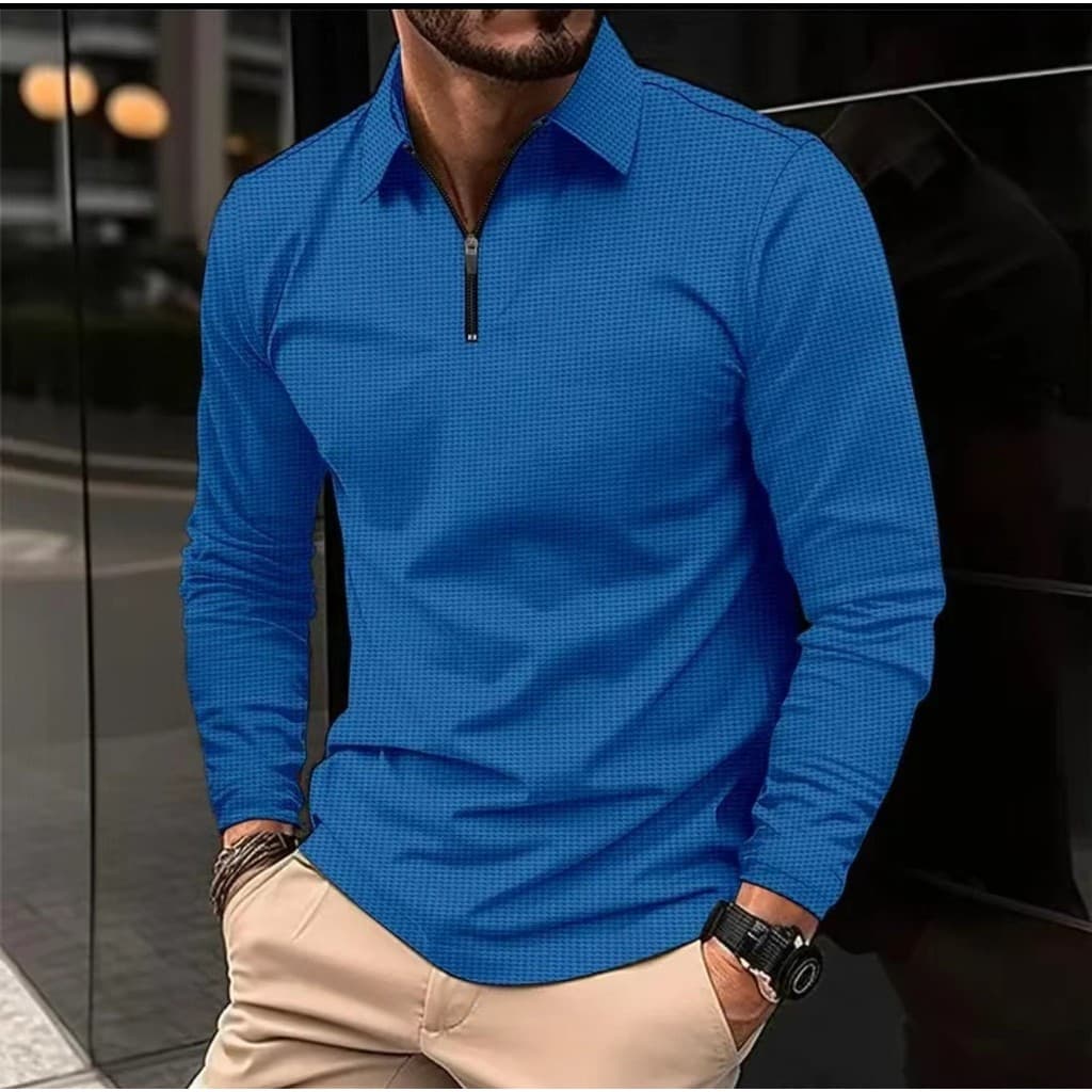 Camisa Polo Confortável Manga Longa Masculina Cor Sólida Manga Longa