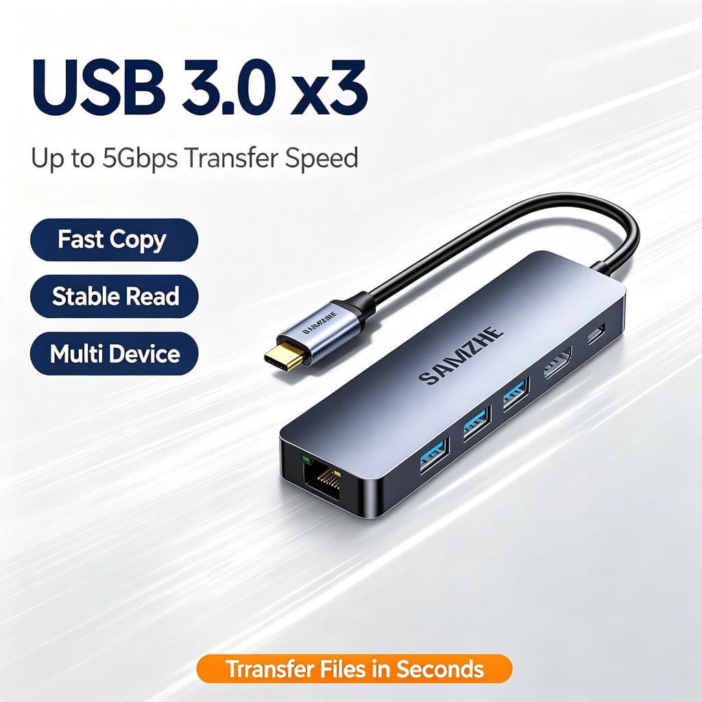 2026 Novo estilo Type-C 6 em 1 Docking Station USB3.0 + HDMI Tela de projeção Porta de rede Gigabit PD100W Carga rápida