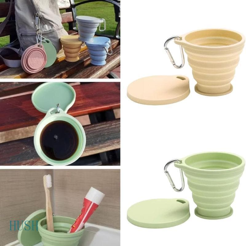HUS Copo Viagem Silicone Tampa E Mosquetão, Caneca 180Ml, Portátil Pendurado Para Mochilas Mesa, Uso