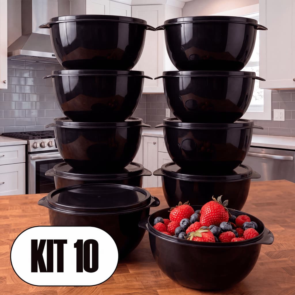 Kit 10 Bowl Preto 1000ml com Tampa Potes Kaziva - Reforçados Cozinha Alimentos e Marmitas Congelador