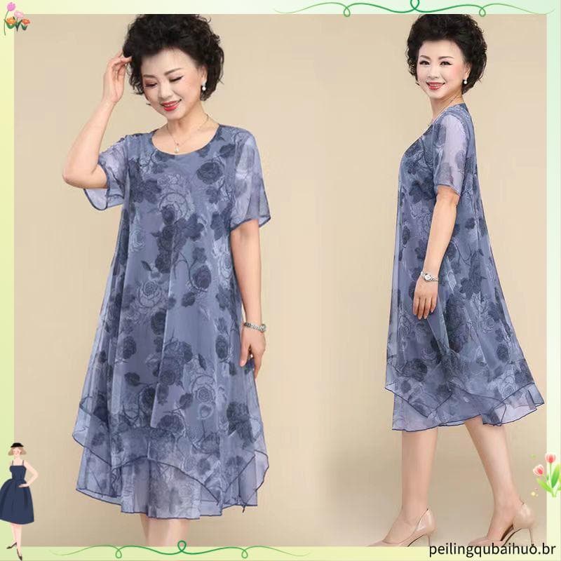 Mulheres idosas de meia-idade verão novo estilo elegante saia de Chiffon 4 0 anos 50 estilo ocidental tamanho grande mãe