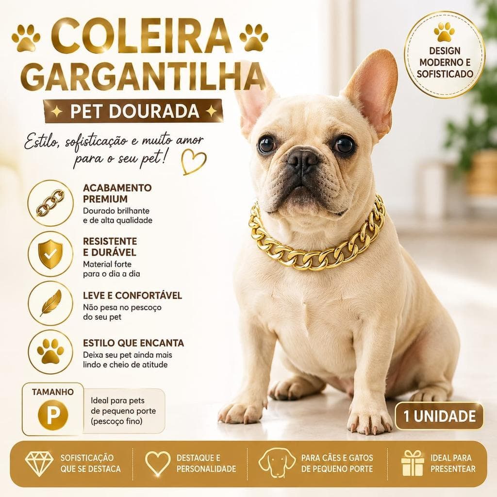 Coleira Gargantilha Pet Dourada em Metal P - Acabamento Polido, para Cães e Gatos (até 30 cm) - 1 un