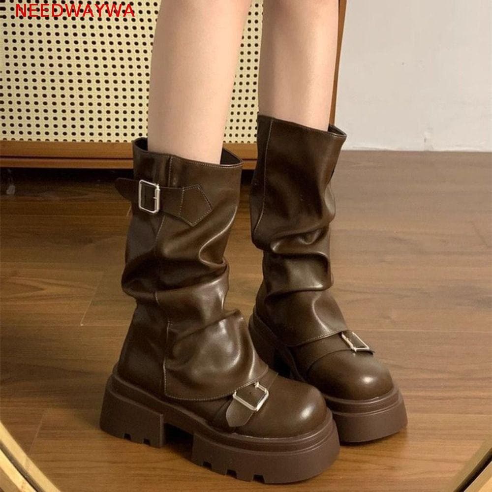 NEEDWAYWA Botas Femininas Até O Joelho , De Motociclista Com Fivela De Cinto Plataforma , Harajuku