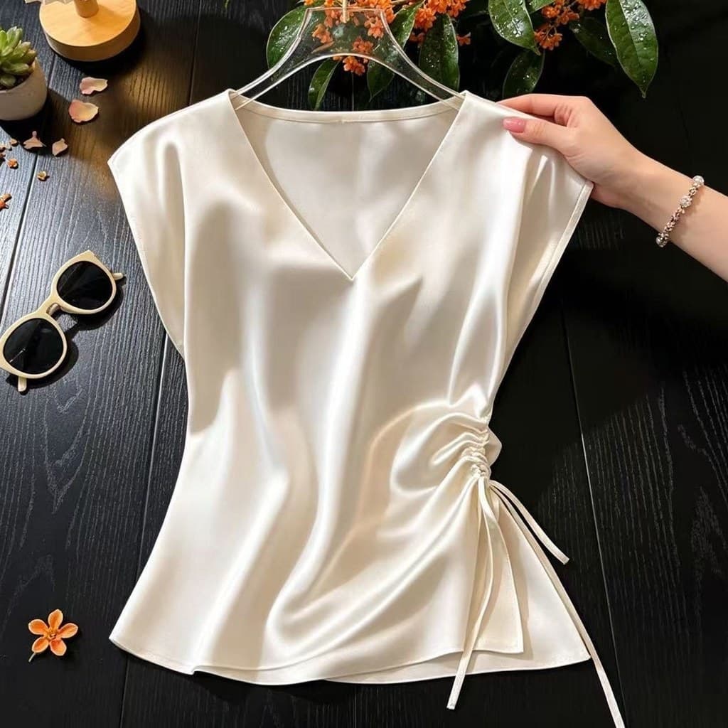 High-End rosa com decote em V camisa feminina 2026 cintura estreita mais magro olhar chique pequena camisa com cordão el
