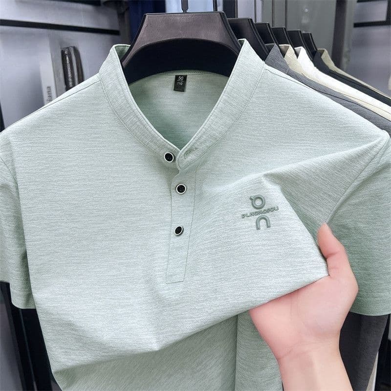 Verão gola alta masculina algodão manga curta camiseta topo Casual All-Match meia manga t-