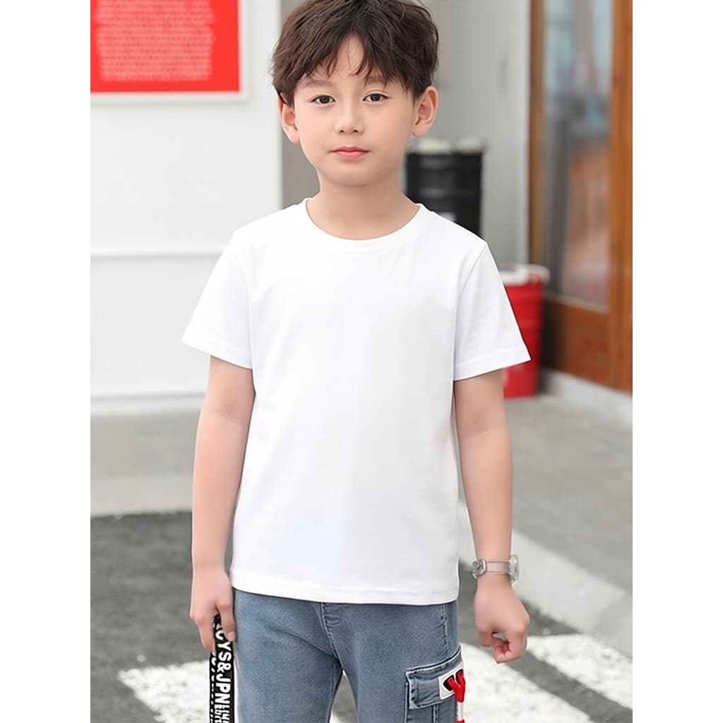 Camiseta infantil pura de algodão puro de manga curta branca cor sólida em branco 100 algodão classe A