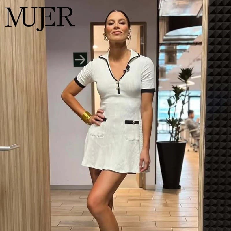 Vestido Feminino Formal de Malha Curto para Mulheres, Vestido Mini Casual com Botões, Vestido de Praia de Manga Curta pa
