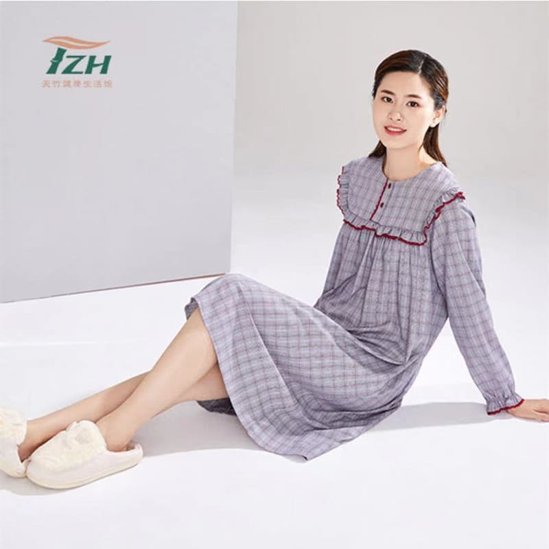 Tianzhu marca outono senhoras Homewear Material de fibra de bambu cinza saia xadrez macia pele-amigável moda camisola