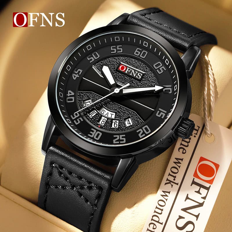 Relógio Casual masculino juvenil OFNS, Display de data dupla, pulseira de couro, movimento de quartzo à prova d'água, ad