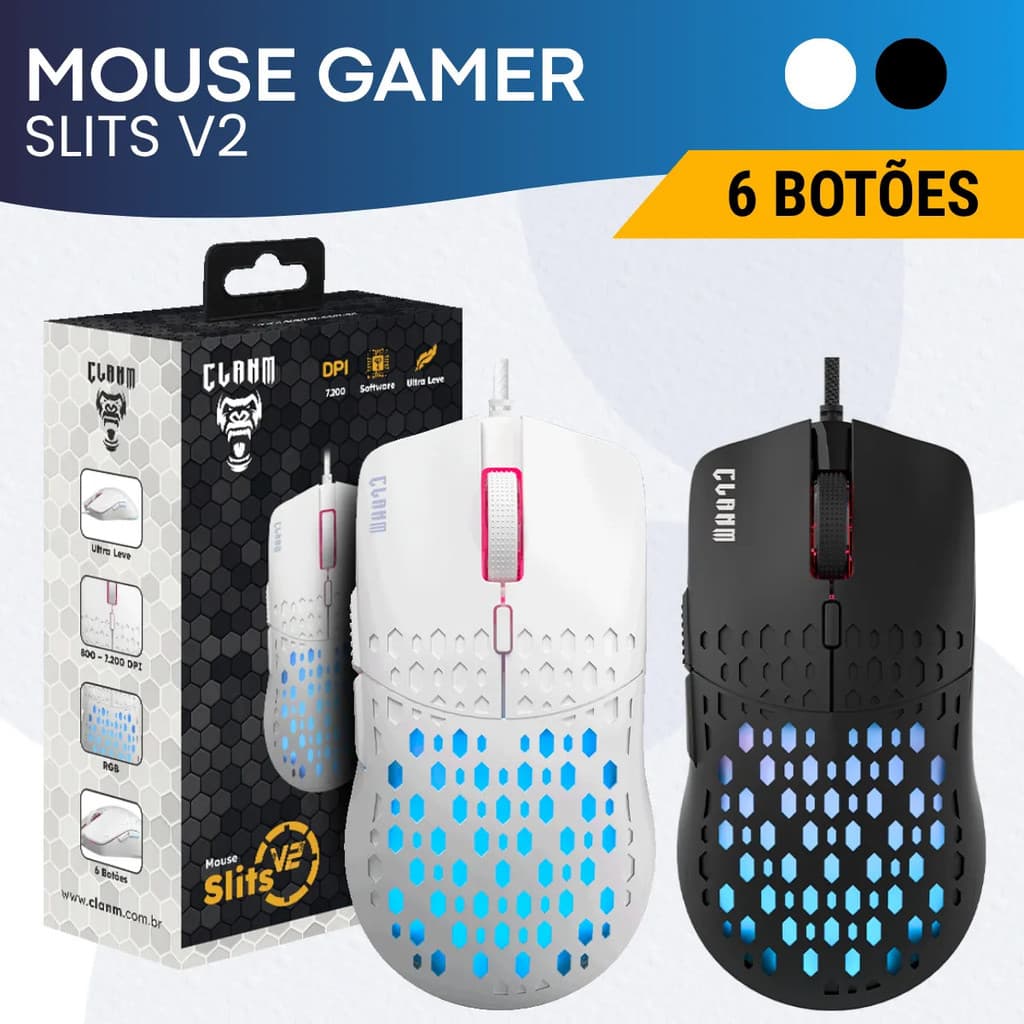 Mouse Gamer 6 Botões 7200 Dpi Luzes Led Rgb Branco Preto Colmeia Leve