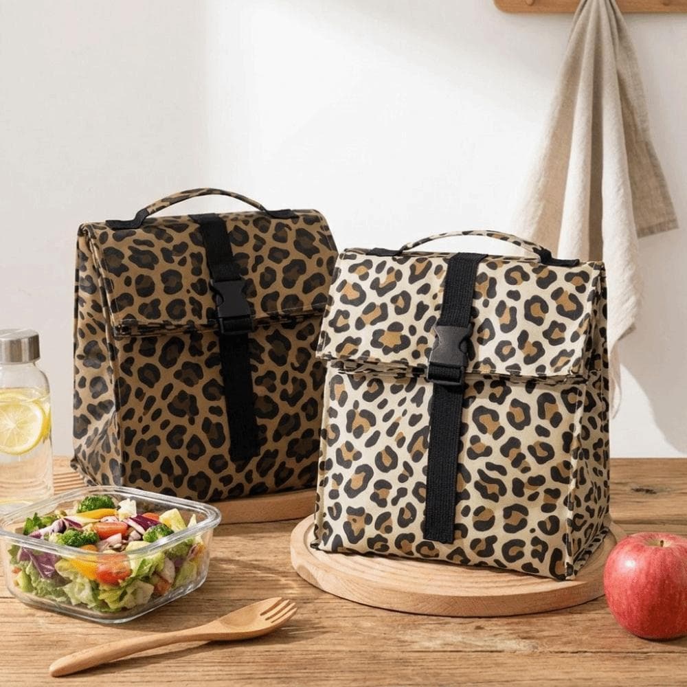 Saco De Almoço Isolado Com Estampa De Leopardo , Lancheira Térmica À Prova De Vazamentos , Térmico Portátil Dobrável