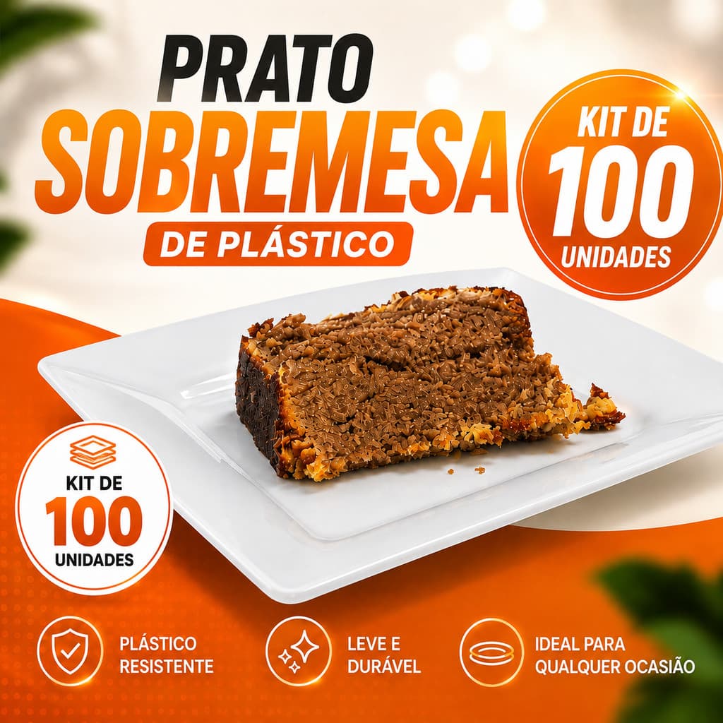 Kit 100 Pratos plástico de Sobremesa Quadrados 17cm para Festas, Aniversários, Aperitivos e Doces