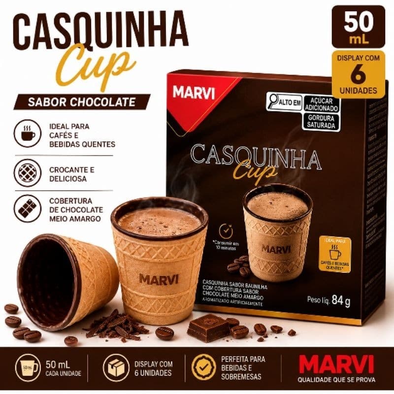 Casquinha Cup Marvi Chocolate 50ml Display 6 Unidades Para Café e Sobremesa