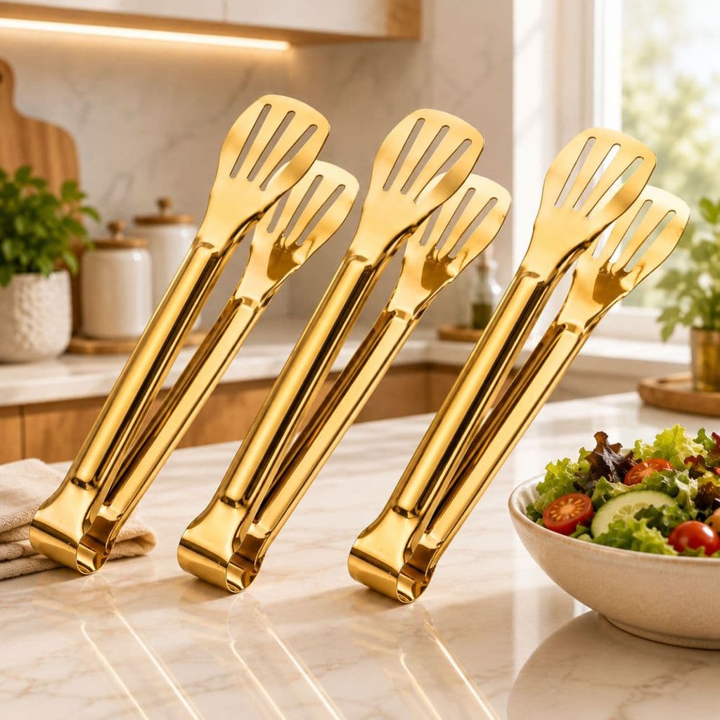 Pegador De Salada Vazado Dourado Em Aço Inox 28cm Premium Resistente Pegador Salada Massa Vegetais