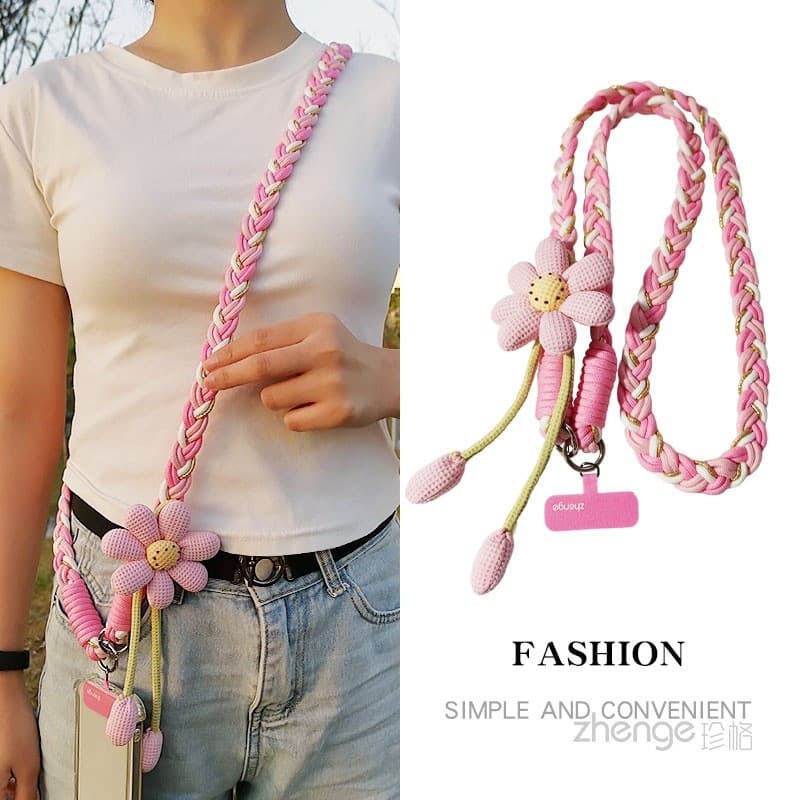 Cordão para celular, estilo transversal, comprimento longo para mulheres, cordão artesanal com decoração floral no estil