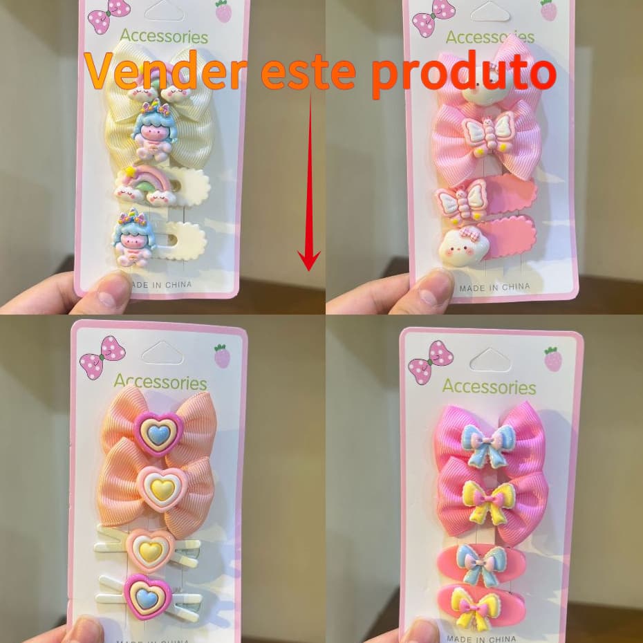Kit 4 Grampos de Cabelo com Laço Fofo Infantil