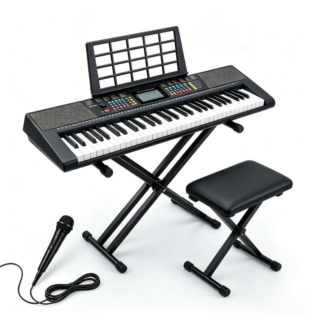 Piano digital VEDO de 61 teclas, kit de teclado de piano elétrico, 256 timbres, 256 ritmos — inclui suporte para piano,