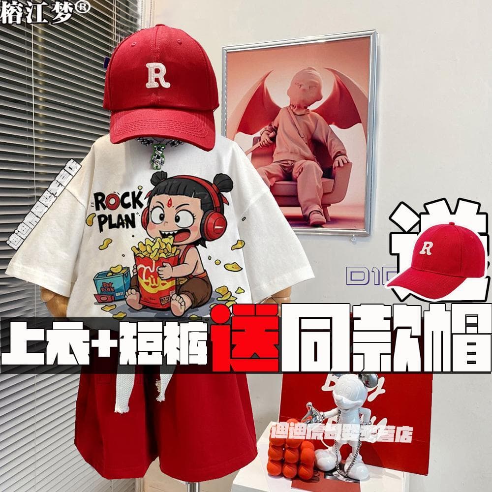 Nezha meninos novo estilo impresso terno verão camiseta infantil meninos topos Shorts de algodão puro manga curta três-
