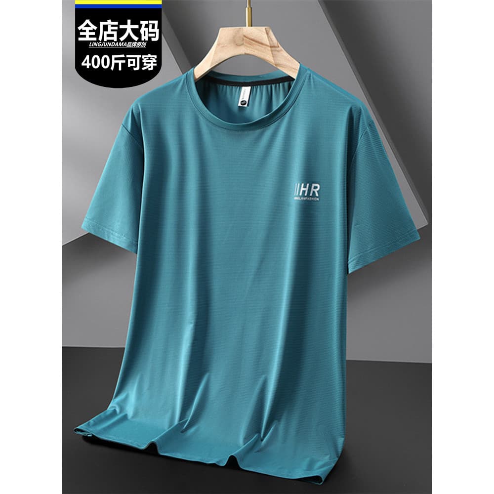 Extra grande gelo seda de manga curta camiseta masculina verão novo estilo esportes meia manga em torno do pescoço solto