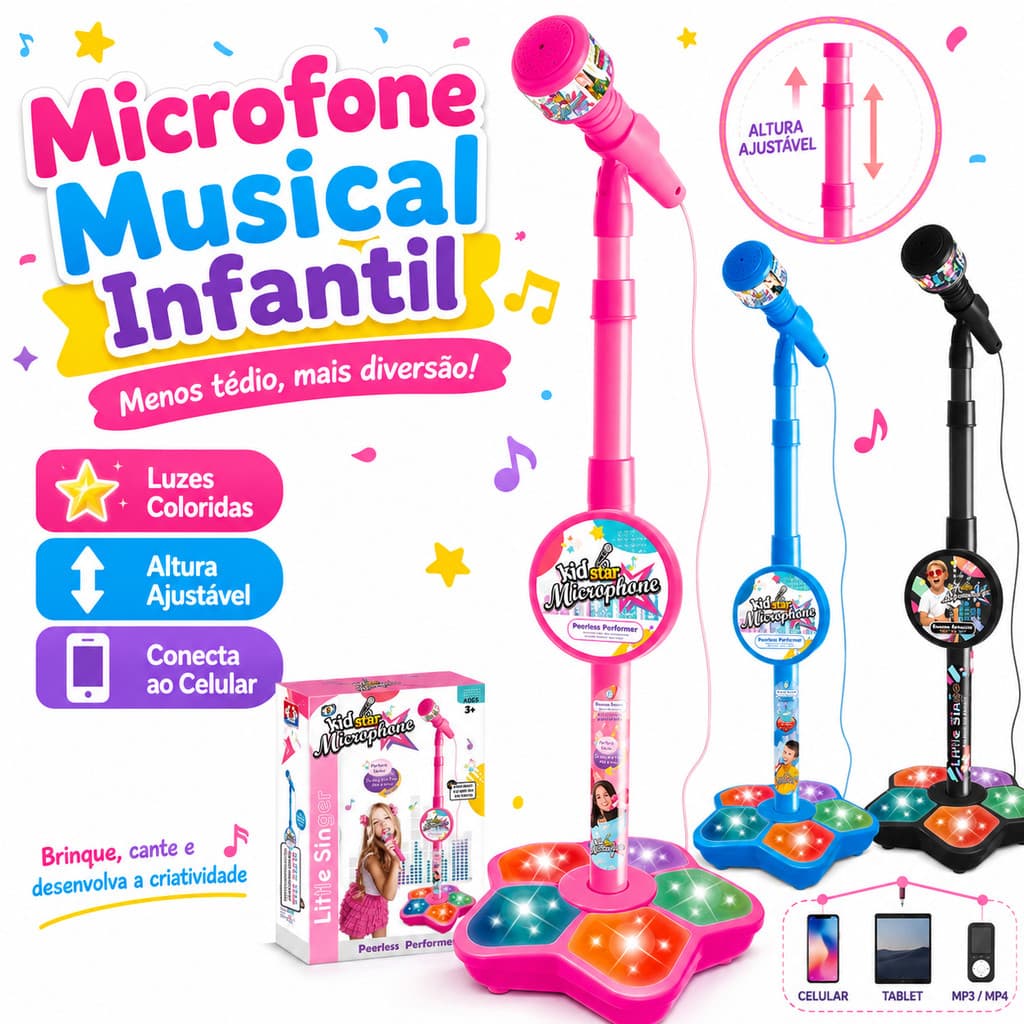 Microfone Infantil com Pedestal Ajustável Luzes Coloridas Karaokê para Crianças Conecta Celular MP3 100cm
