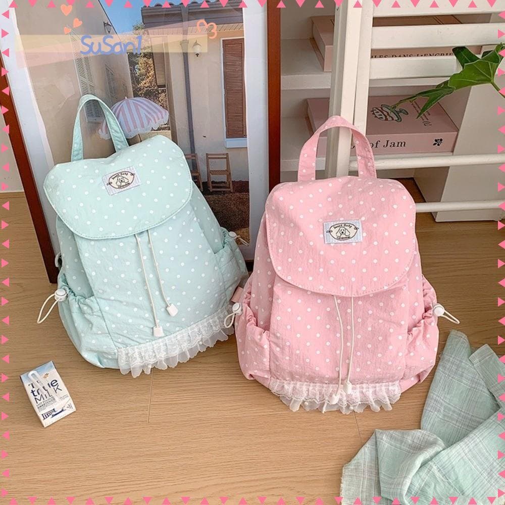 LUCKY-SUSAN1 Mochila Com Cordão , De Bolinhas Estilo Coreano Acabamento Em Renda Escolar Design Flip