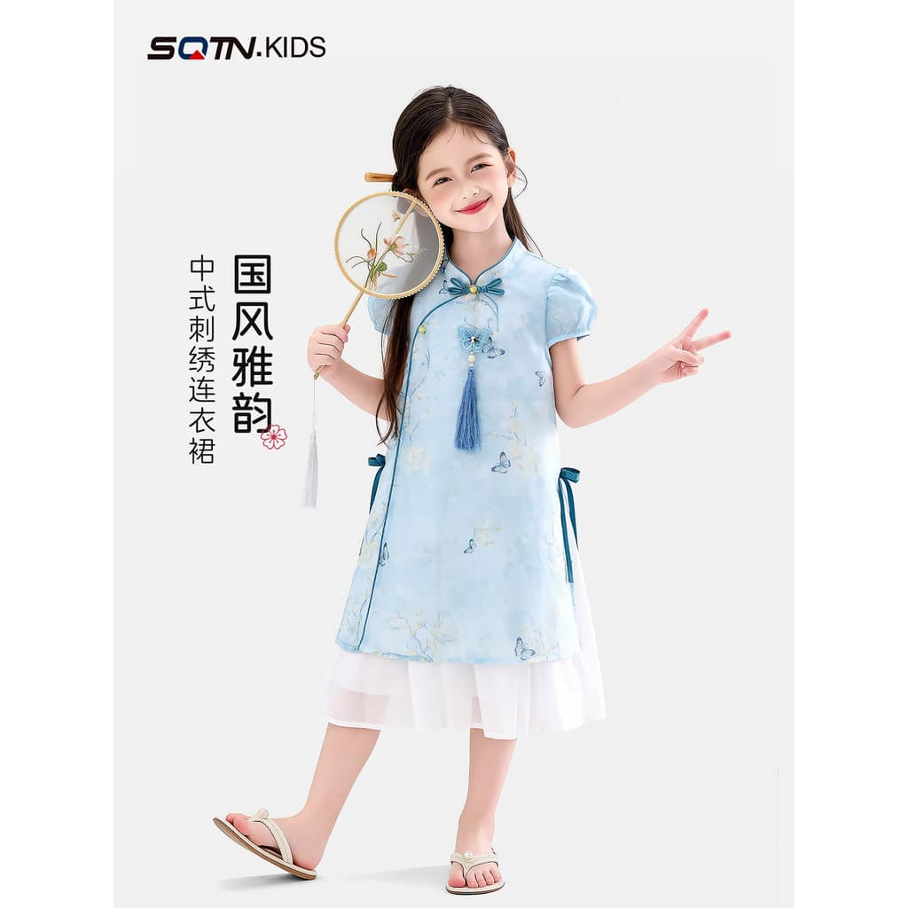 Meninas azul estilo nacional vestido bordado 2026 verão novo estilo crianças Cheongsam vestido novo chinês menina vestid