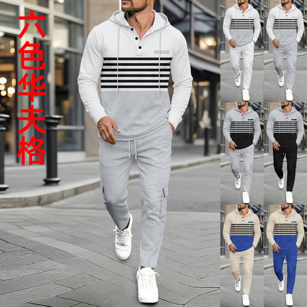 [Venda quente] Capa esportiva Casual Waffle masculina listrada com bloqueio de cores e capuz [envio rápido]