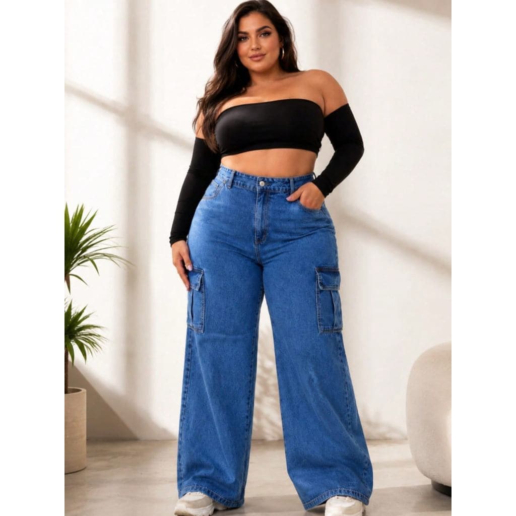 Calça Jeans Cargo Plus Size Wide Leg Cintura Alta Lavagem Azul Clara