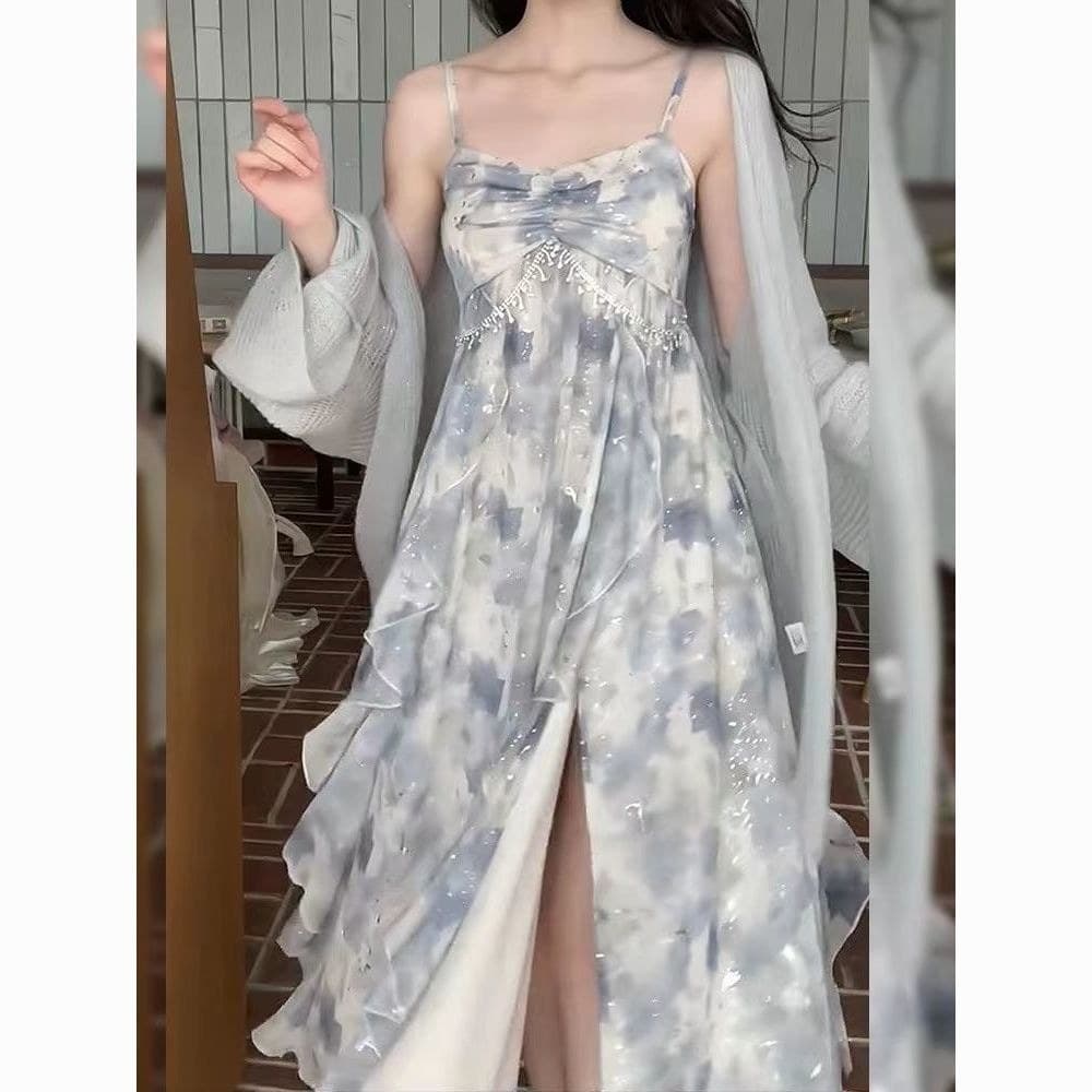 Tamanho grande gordura mm puro desejo estilo suave cor Floral estilingue vestido Cardigan feminino primavera verão tempe