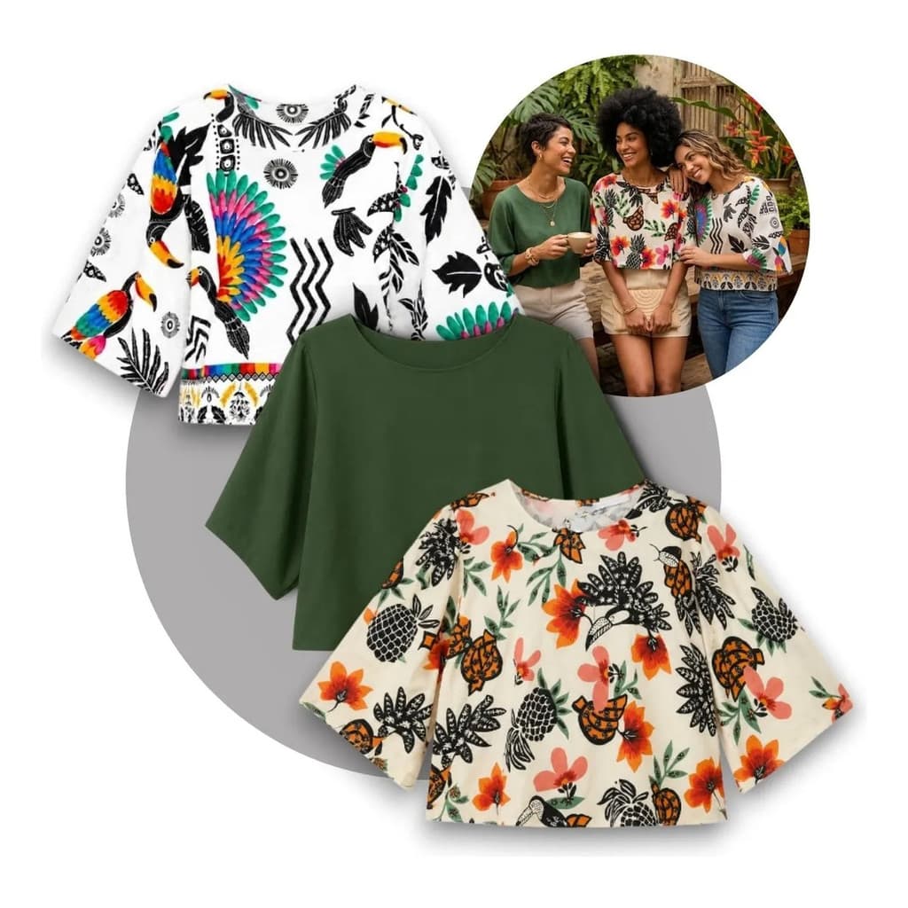 Kit 3 Blusas Femininas Plus Size Viscolinho Estampada Lisa