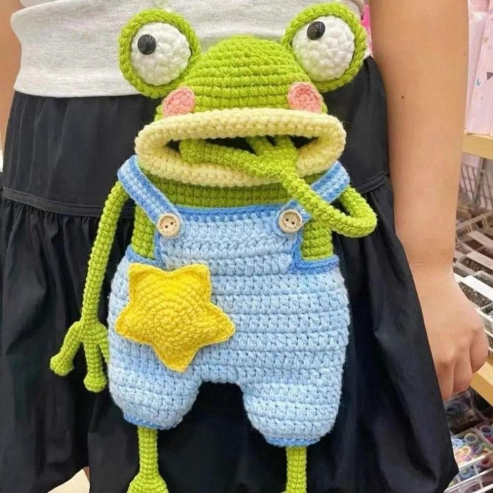 Kit De Materiais De Sapo De Crochê , Bolsa De Telefone Boca Grande De Fio Tecido À Mão Crossbody Engraçada E Fofa Feia