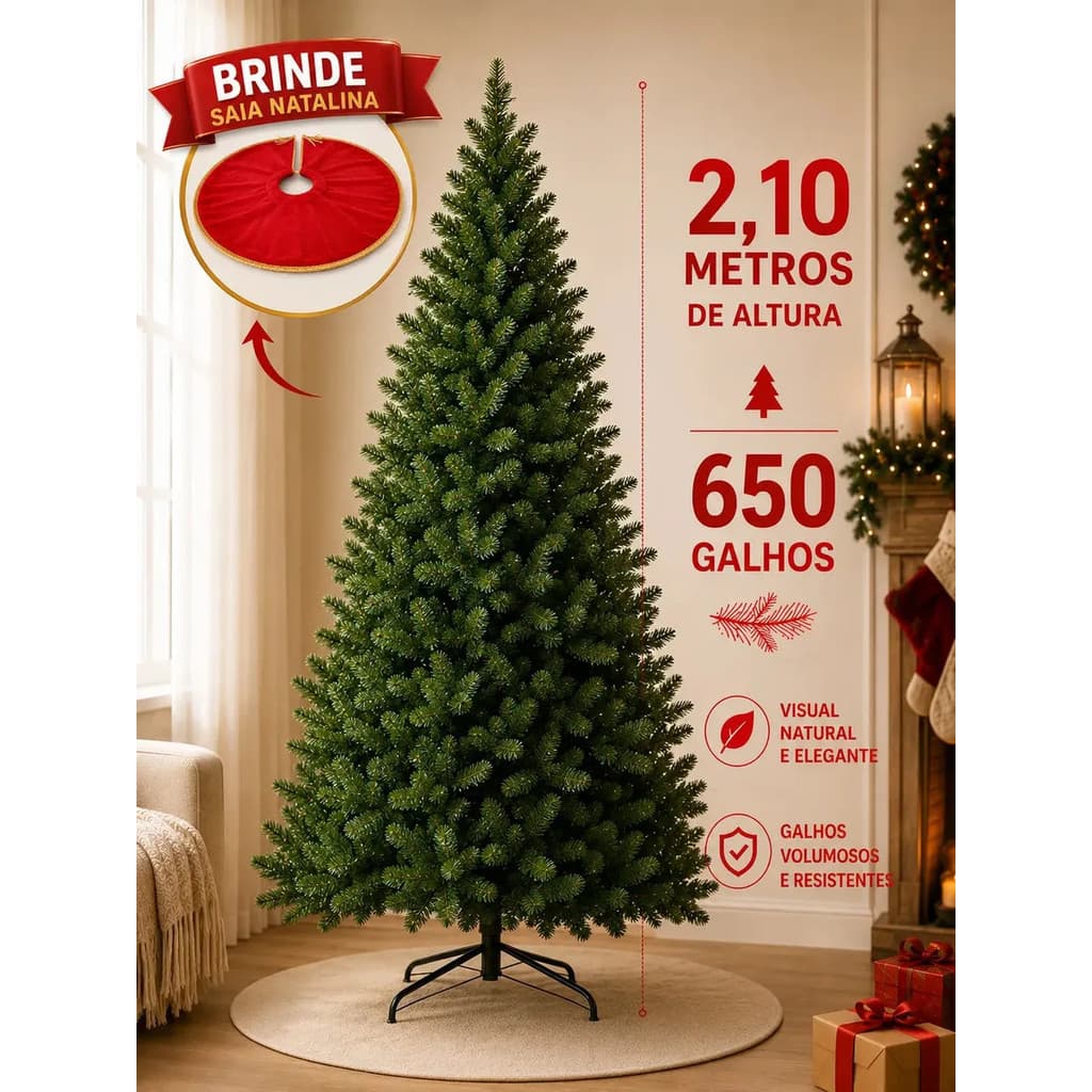 Árvore De Natal 2,10m Com 650 Galhos Cheia Pinheiro Verde Tradicional Brinde Saia Natalina