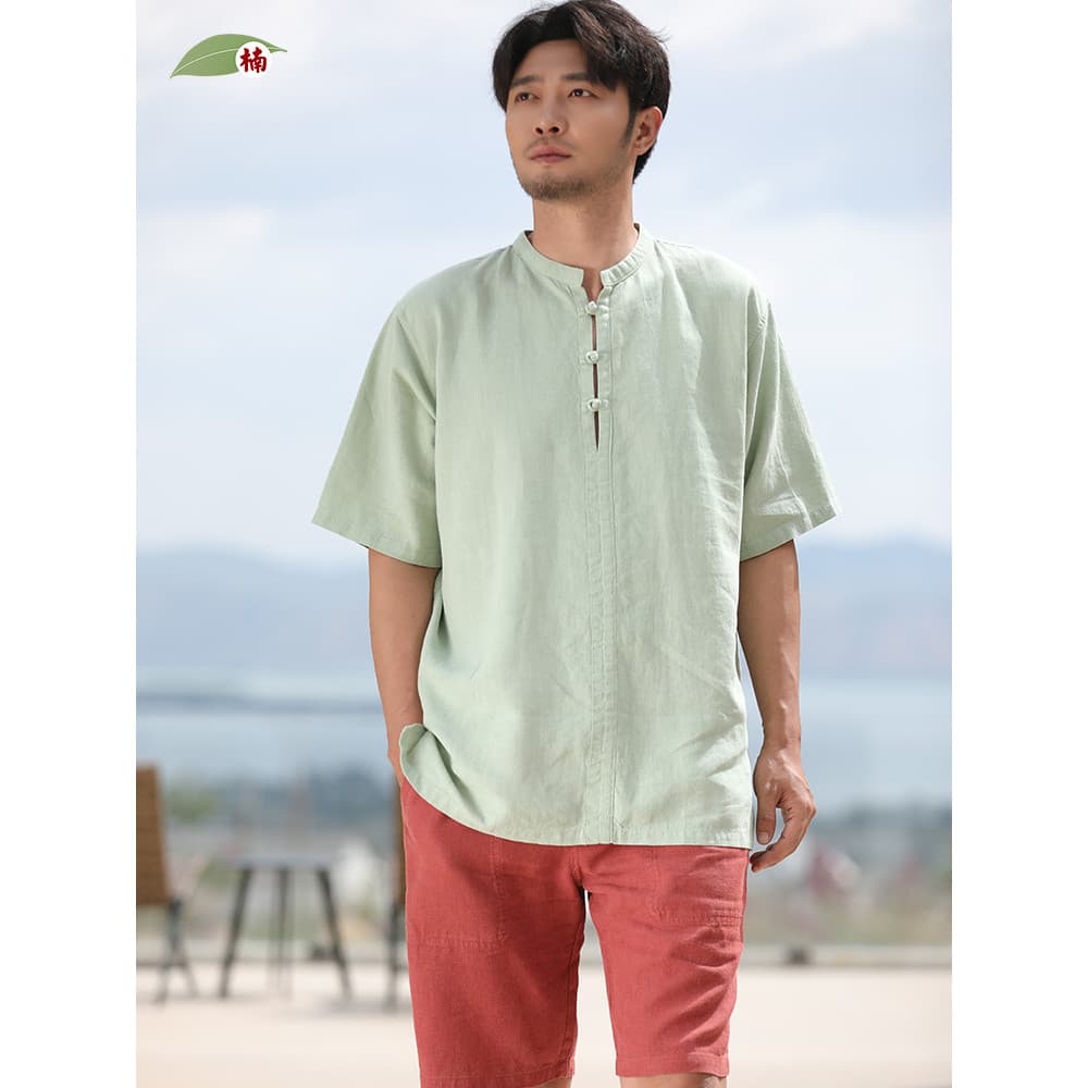 Nan estilo chinês algodão linho de manga curta masculino estilo chinês camiseta 2026 verão novo estilo topo Retro abotoa