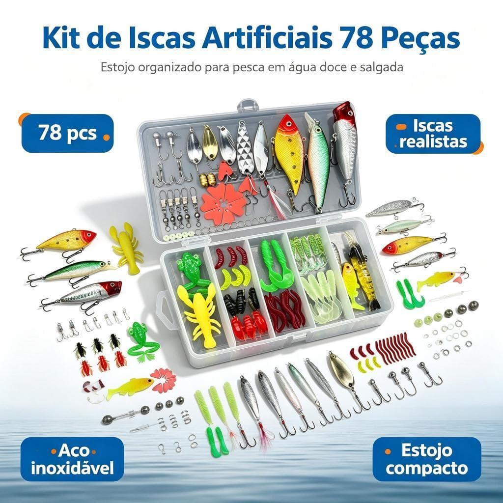 Kit 78 peças Isca Artificial Unidades Pescaria Tucunaré Traíra Água Doce e Salgada com Caixa