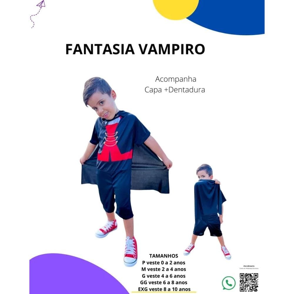 Fantasia Vampiro Infantil com dentadura e capa - Tamanho EGG
