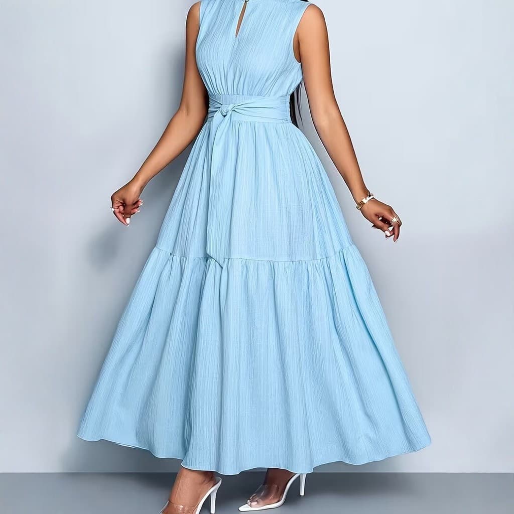 Vestido Longo Plissado Sem Mangas Estilo Novo 2026 para Mulheres, Vestido Elegante de Verão com Decote em V