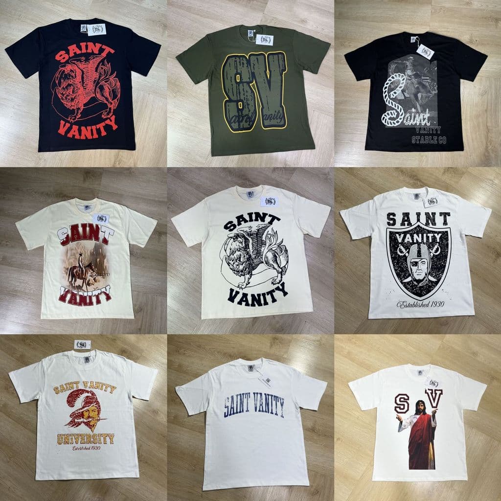 Street Wear Saint Retro Letter Print Padrão Algodão Manga Curta Solta Casual Homens Mulheres 8.21